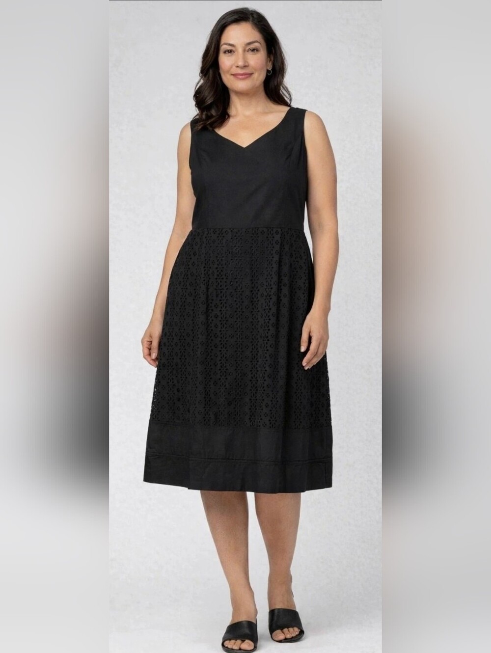 Oscar de la Renta Black Sleeveless V-Neck Eyelet Midi Fit Flare Dress 16P 16 XL